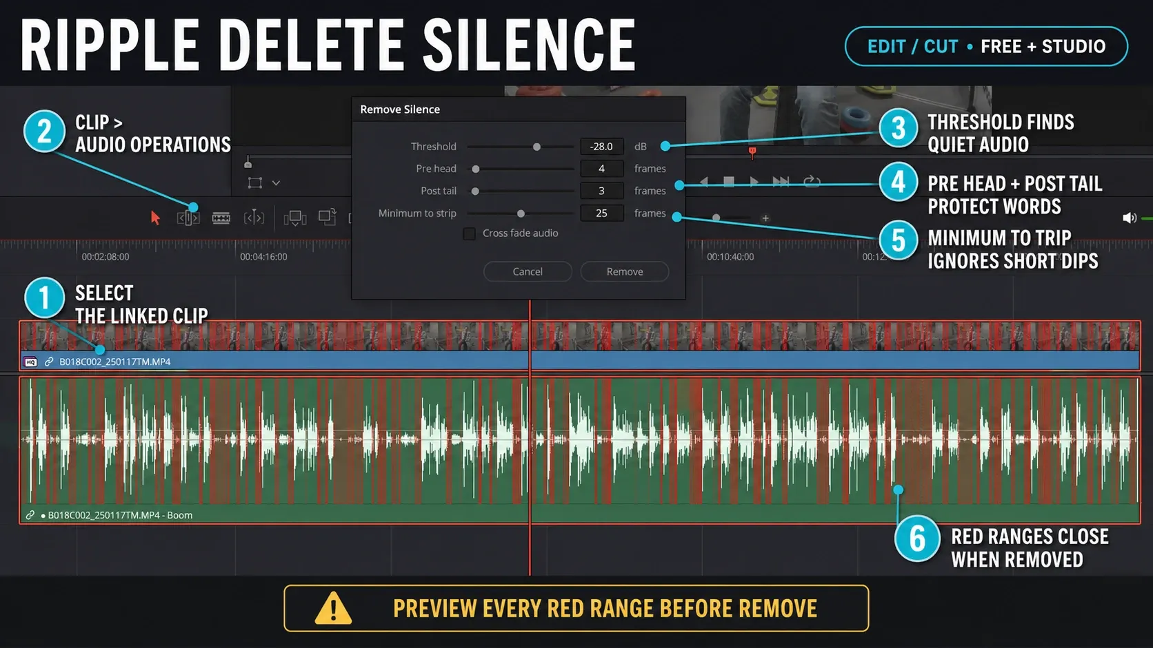 DaVinci Resolve Ripple Delete Silence dialog and linked video-audio timeline