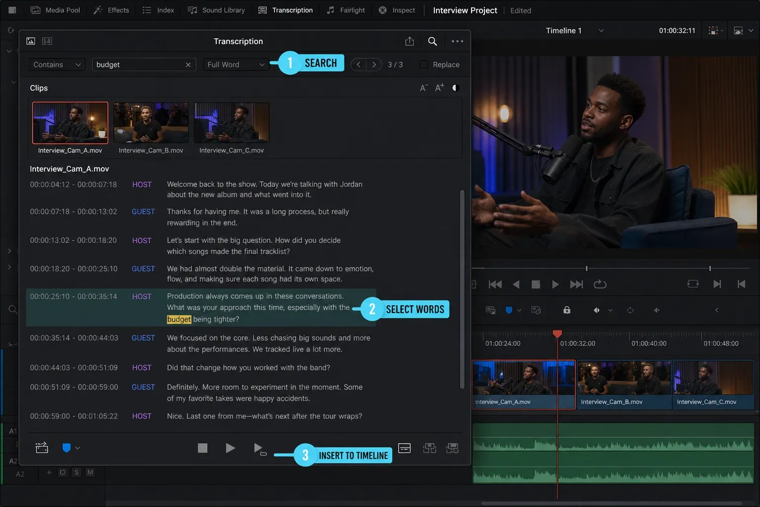 DaVinci Resolve 21 Transcription window searching and selecting interview text