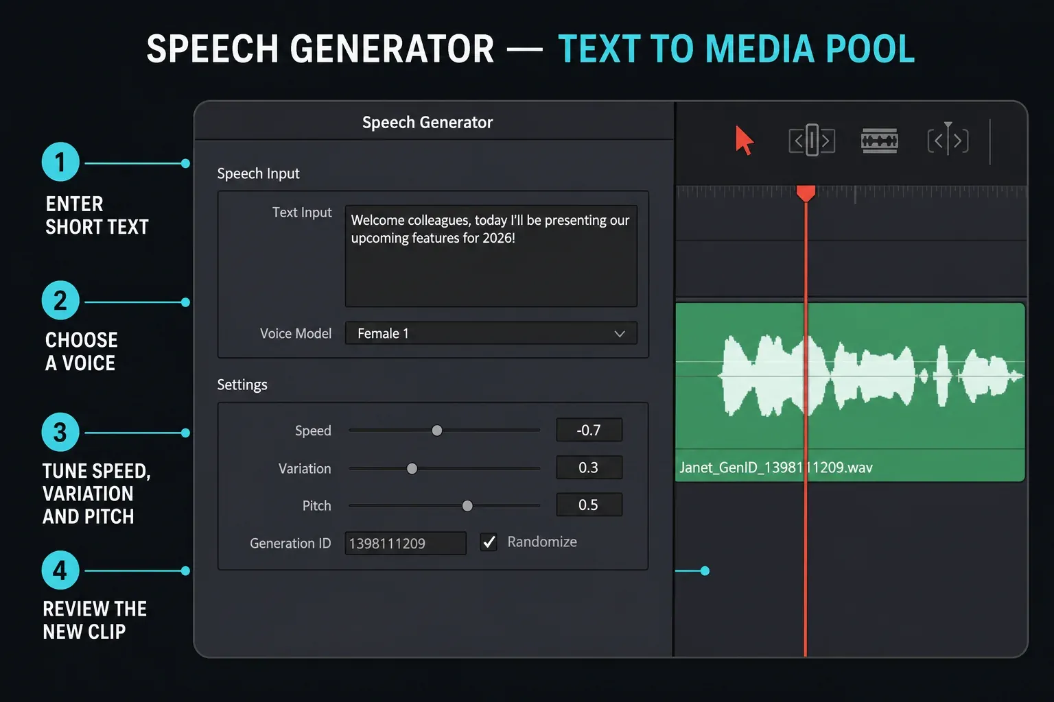 DaVinci Resolve 21 Speech Generator controls with text, voice settings and generated audio clip