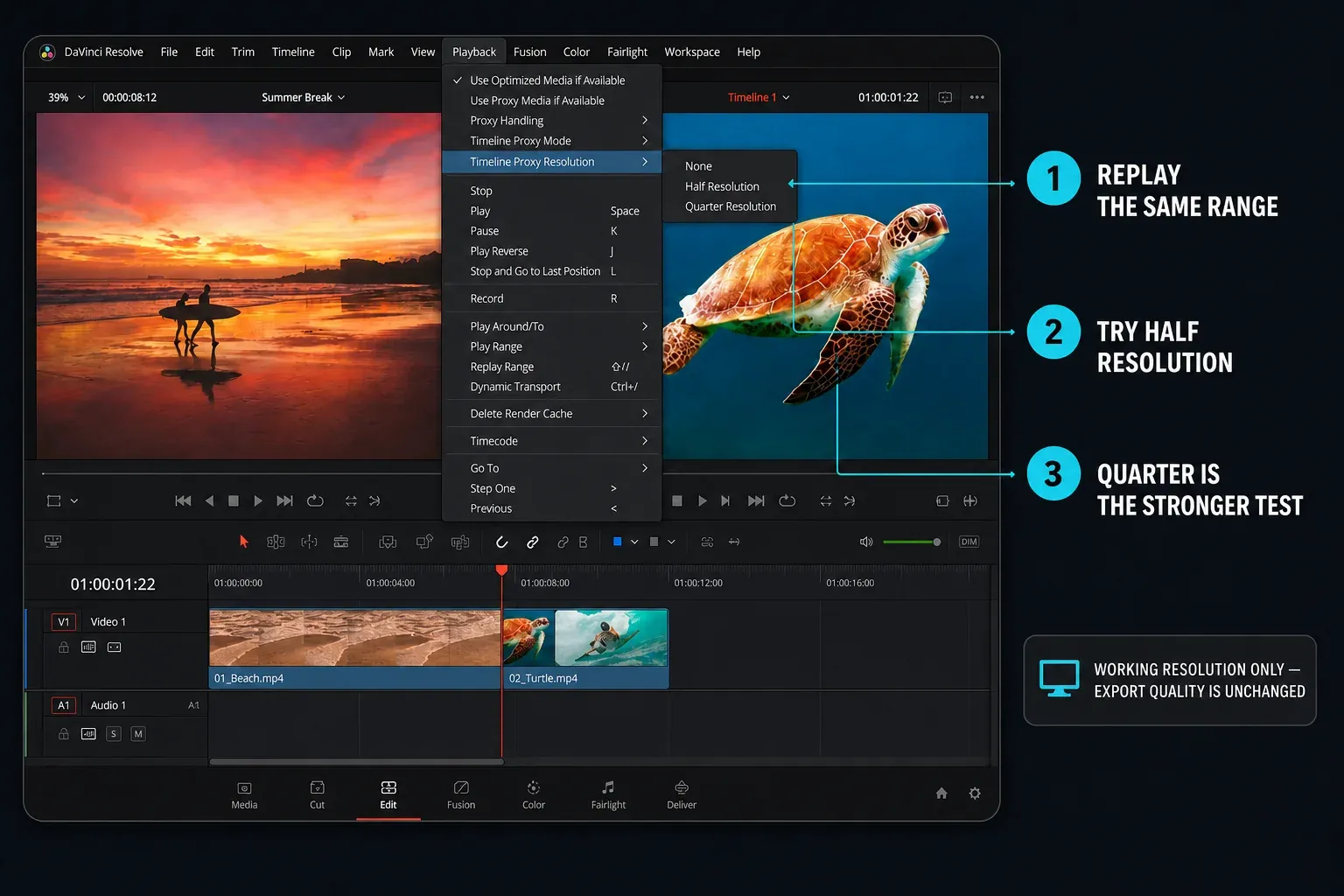 DaVinci Resolve Timeline Proxy Resolution menu with None, Half and Quarter options