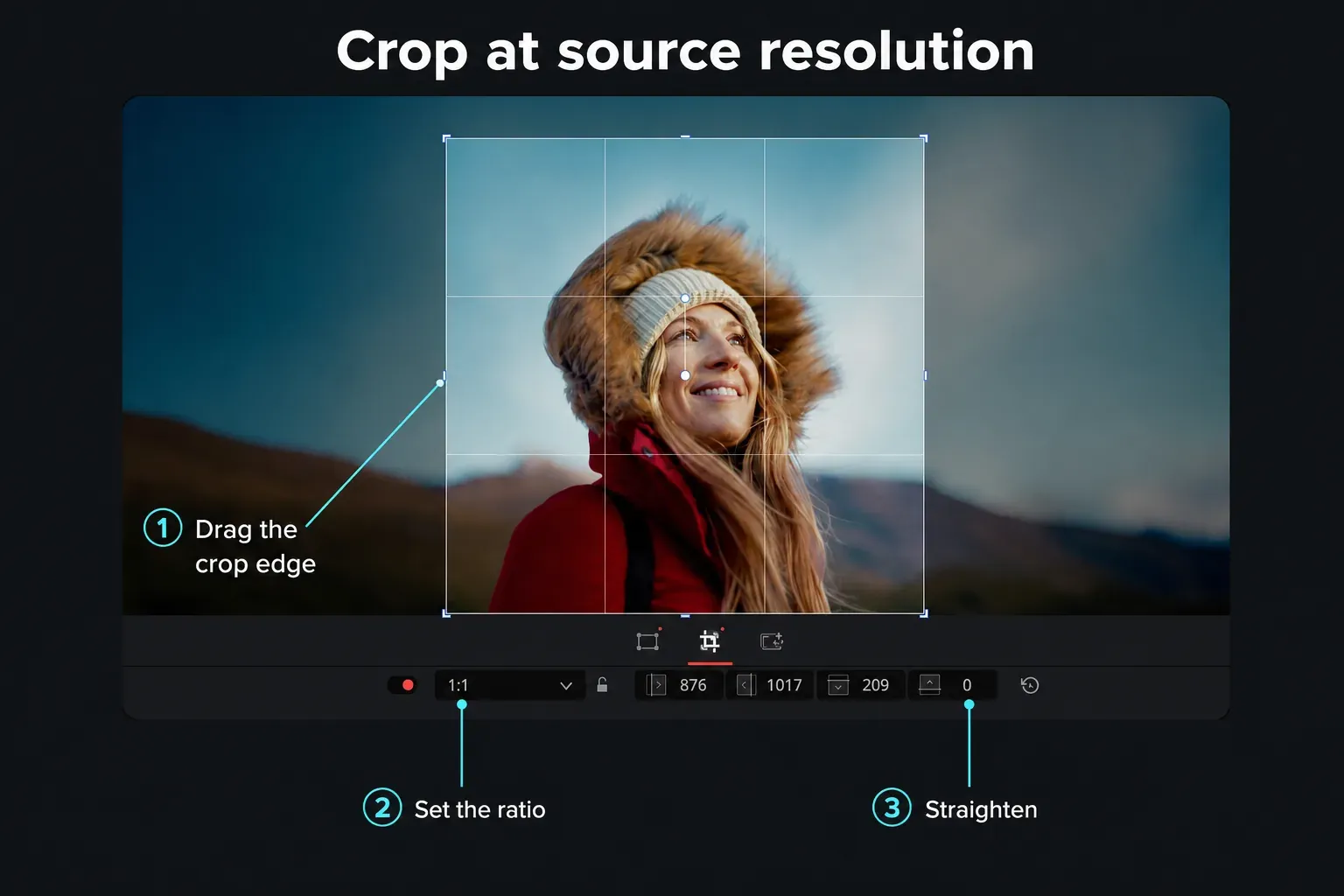DaVinci Resolve 21 Photo page crop controls with aspect ratio and straighten field