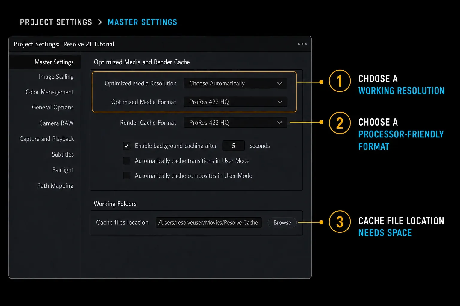 DaVinci Resolve Project Settings for optimized media, render cache and cache file location