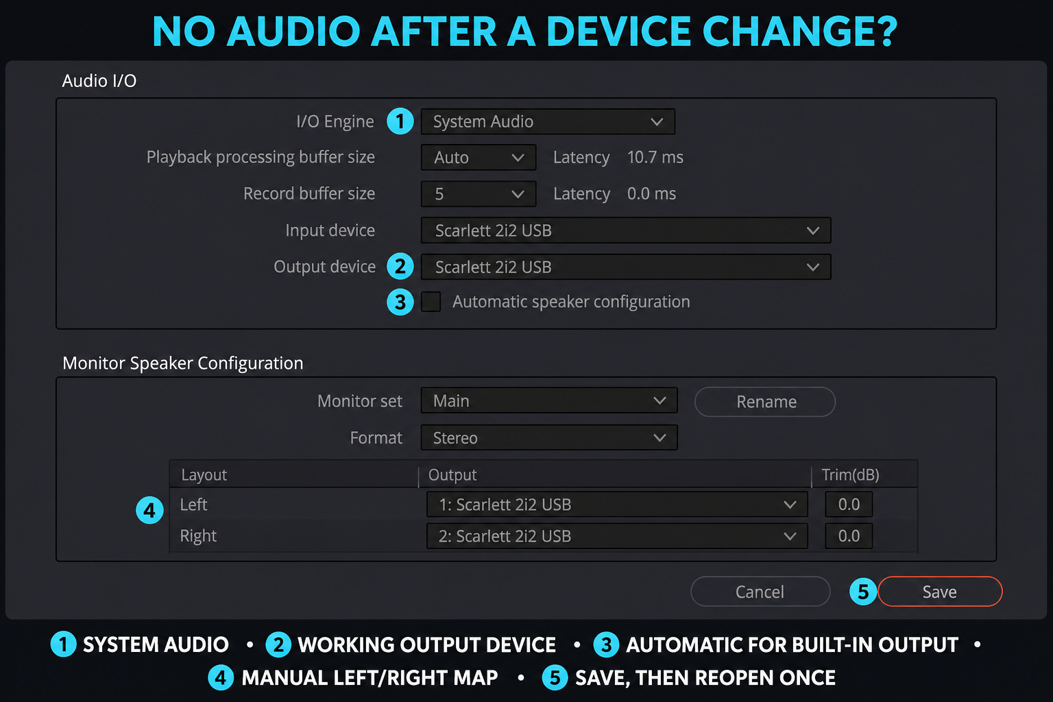 Real DaVinci Resolve Video and Audio I/O settings for System Audio, output device and speaker mapping