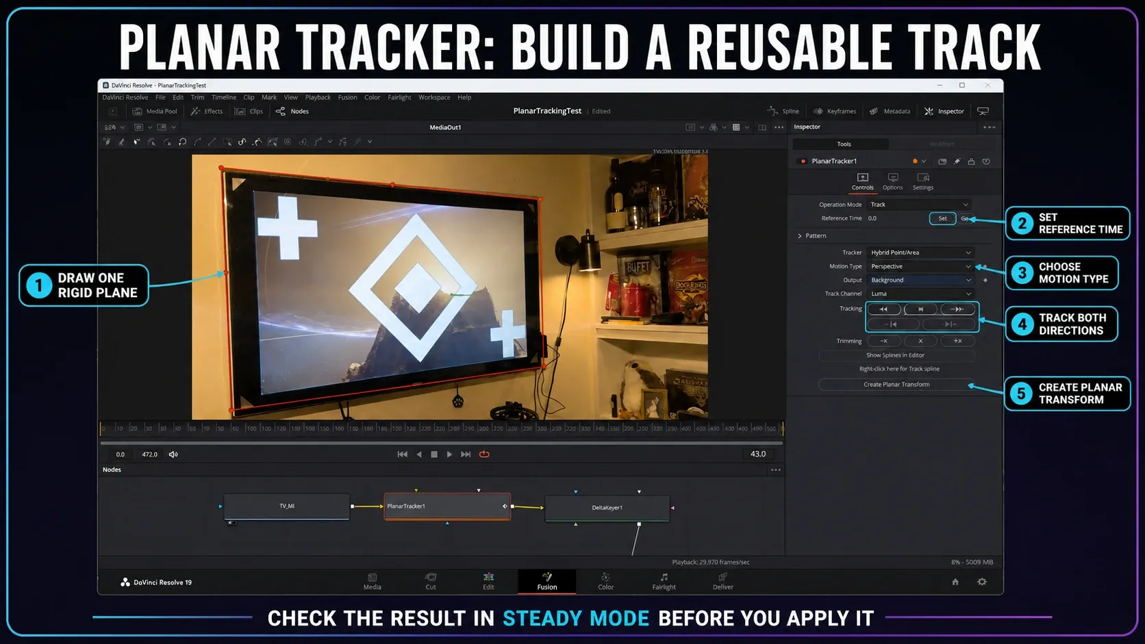 DaVinci Resolve Planar Tracker reference time, motion type, tracking buttons, and Planar Transform
