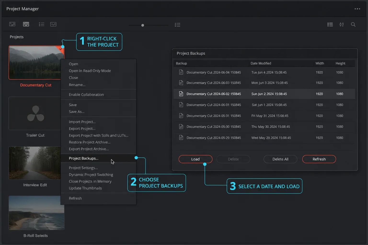 DaVinci Resolve 21 Project Manager loading a dated project backup
