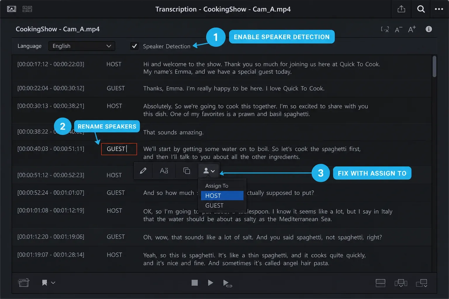 DaVinci Resolve 21 transcript with speaker labels and Assign To correction
