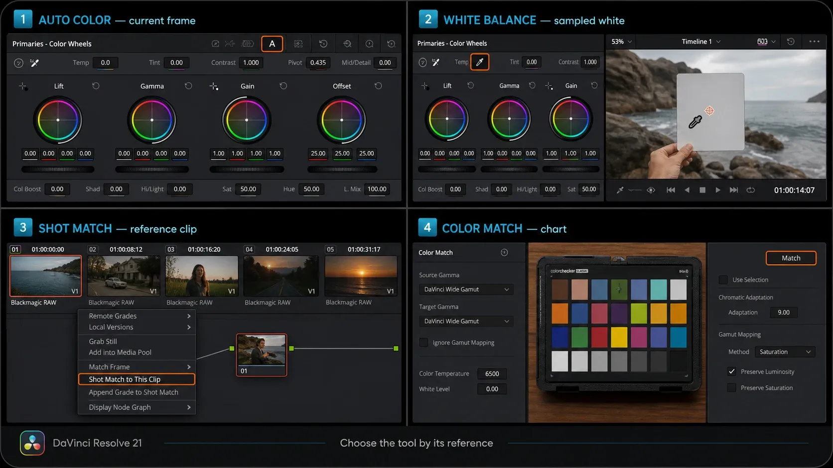 DaVinci Resolve Auto Color, White Balance, Shot Match and Color Match interfaces compared