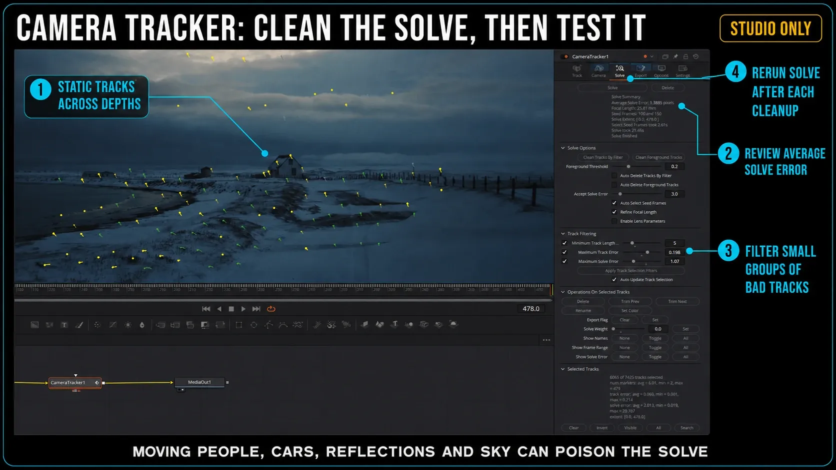 Fusion Camera Tracker Solve tab with static scene tracks and filtering controls