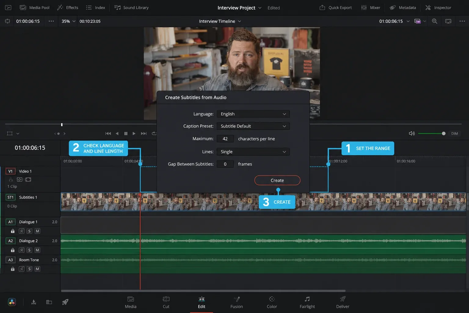DaVinci Resolve 21 Create Subtitles from Audio dialog over an interview timeline