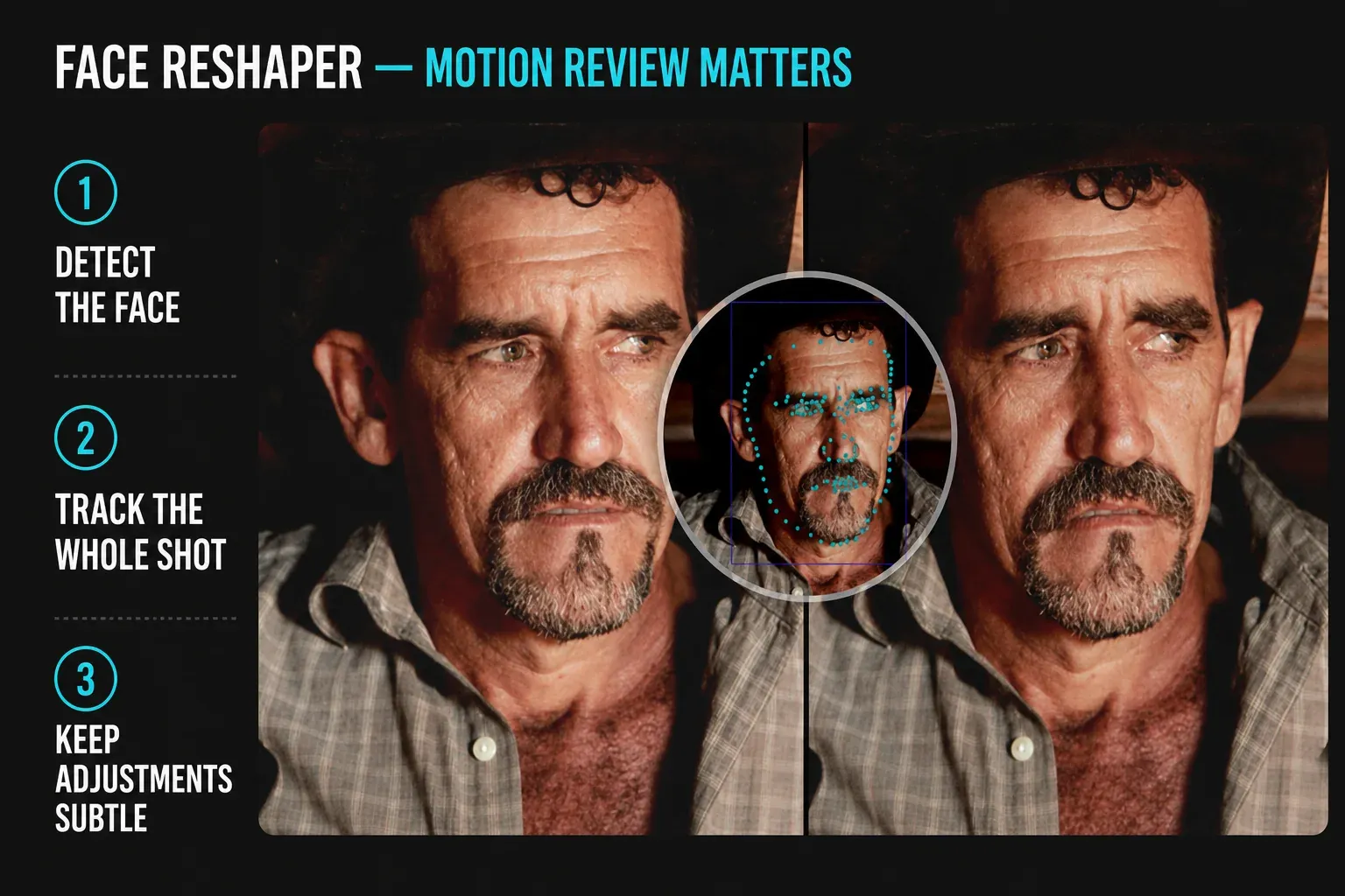 DaVinci Resolve 21 Face Reshaper tracking overlay and before-after face comparison