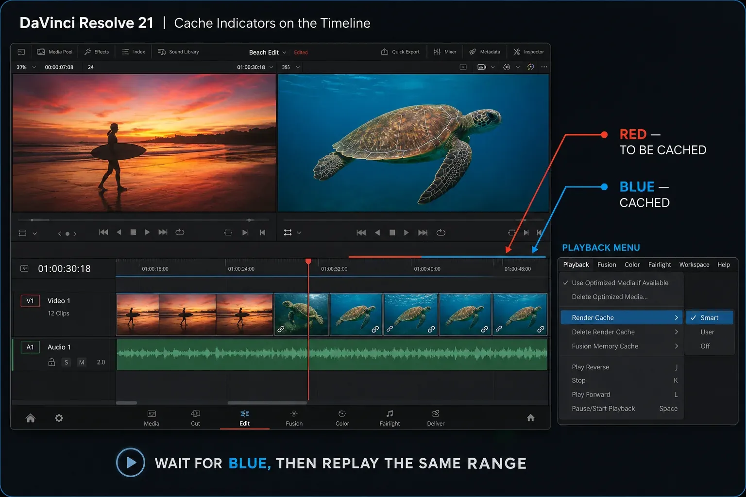 DaVinci Resolve timeline with red to-be-cached and blue cached render bars