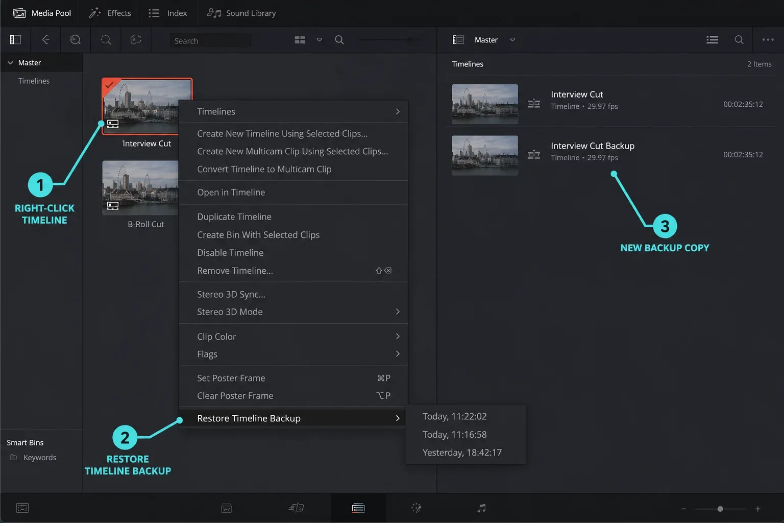 DaVinci Resolve 21 restoring a timeline backup as a new timeline copy