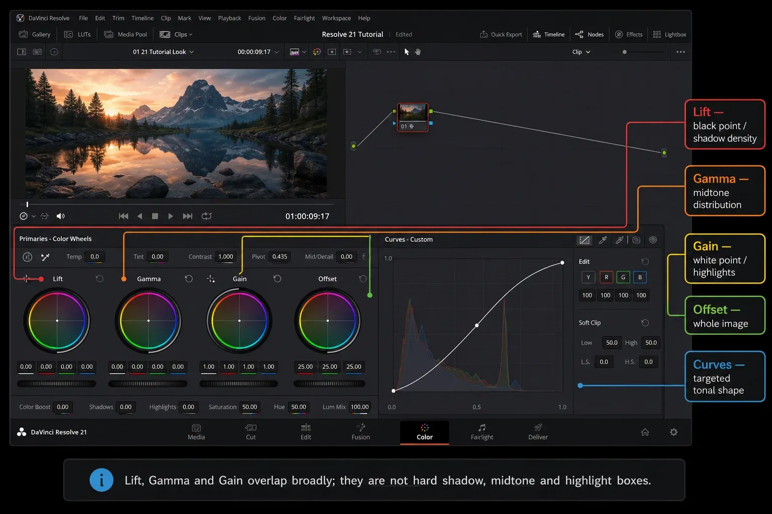 DaVinci Resolve Primaries Wheels and Custom Curves controls for tonal correction