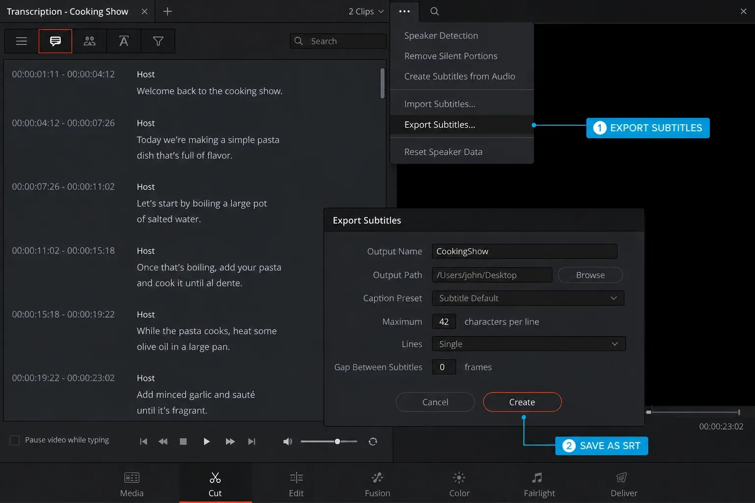 DaVinci Resolve 21 Export Subtitles dialog for saving an SRT transcript