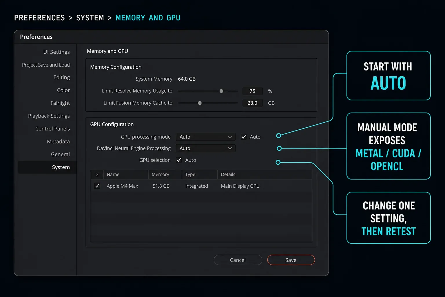 DaVinci Resolve Memory and GPU preferences with processing mode and GPU selection on Auto