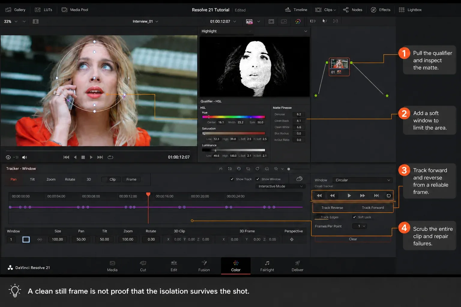 DaVinci Resolve qualifier matte Power Window and Tracker workflow on a moving face