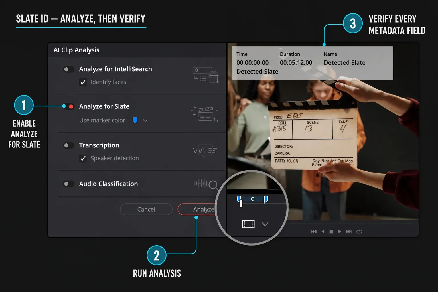DaVinci Resolve 21 AI Clip Analysis with Analyze for Slate and extracted slate metadata