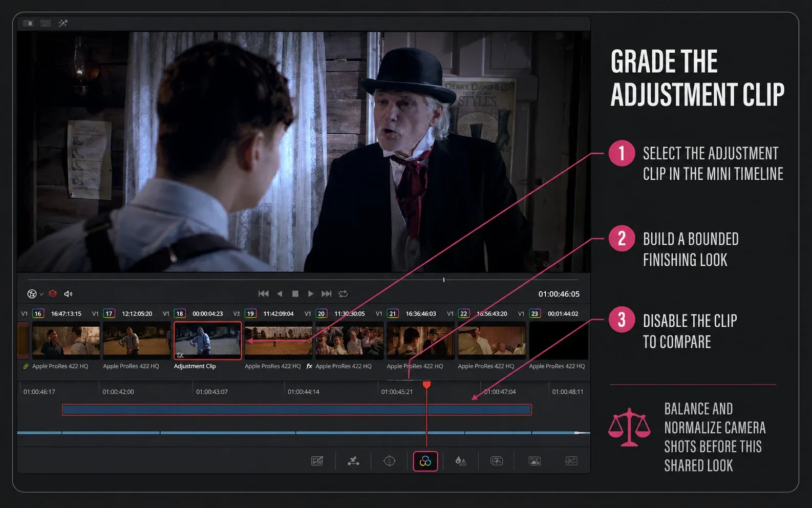 DaVinci Resolve 21 Color page with an Adjustment Clip selected in the mini timeline