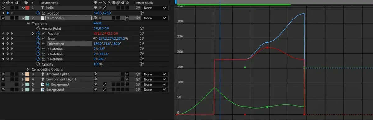 Adobe After Effects layer timeline and Graph Editor with animated position curves and keyframes