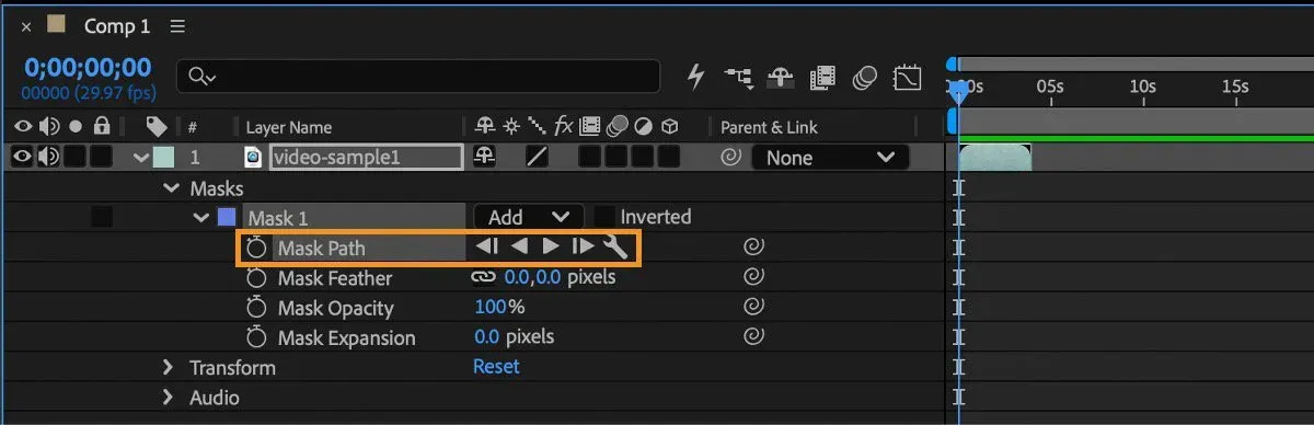 Adobe After Effects Mask Path tracking controls expanded in the composition layer timeline