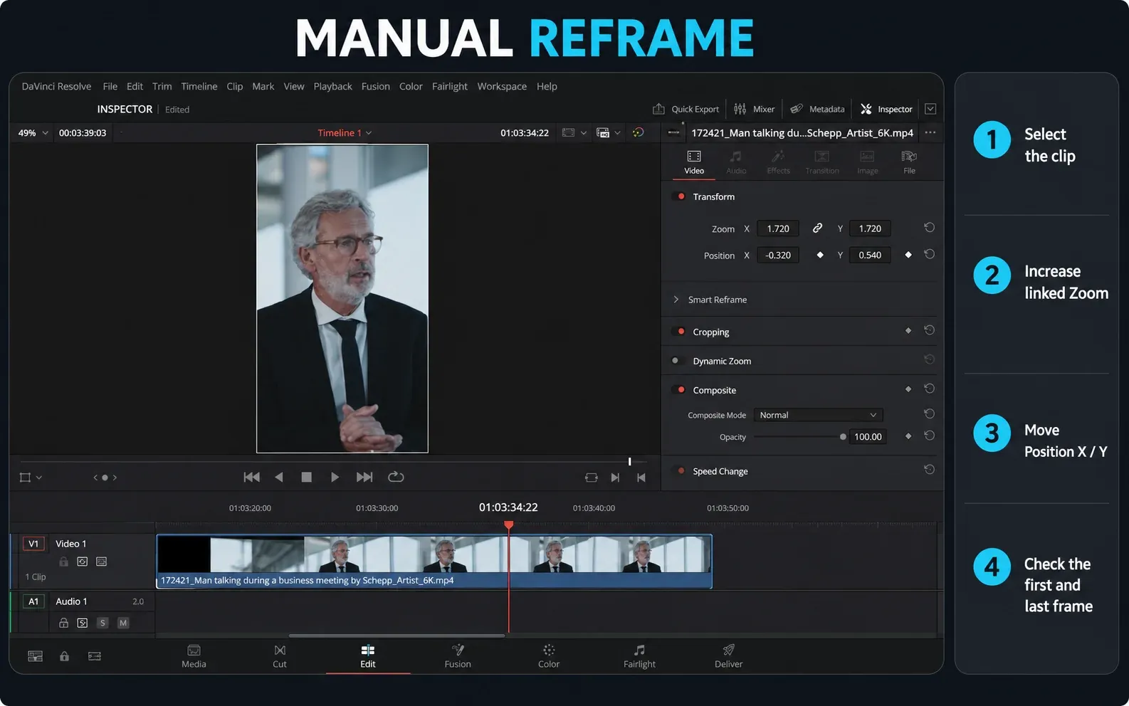 DaVinci Resolve 21 Edit page Inspector using linked Zoom and Position to reframe a clip for vertical video