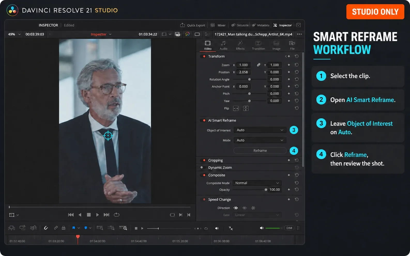 DaVinci Resolve 21 Studio AI Smart Reframe controls with Object of Interest and Reframe workflow