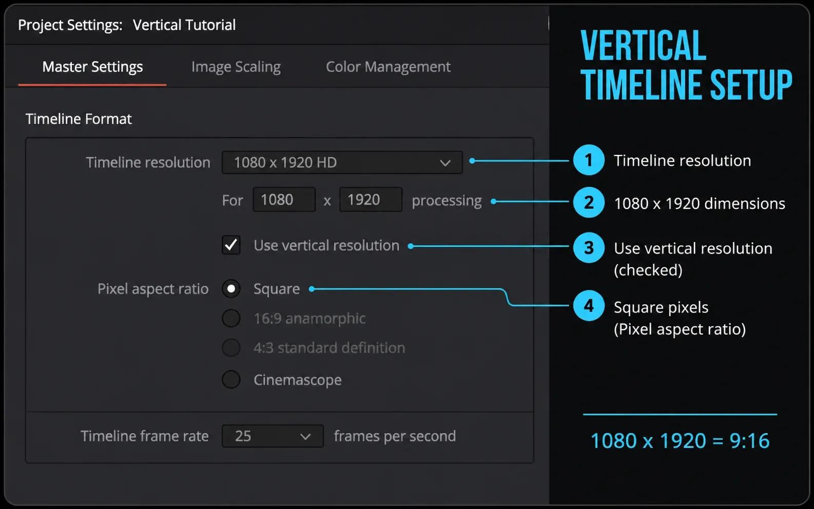 DaVinci Resolve 21 Project Settings with a 1080 by 1920 vertical timeline and square pixels
