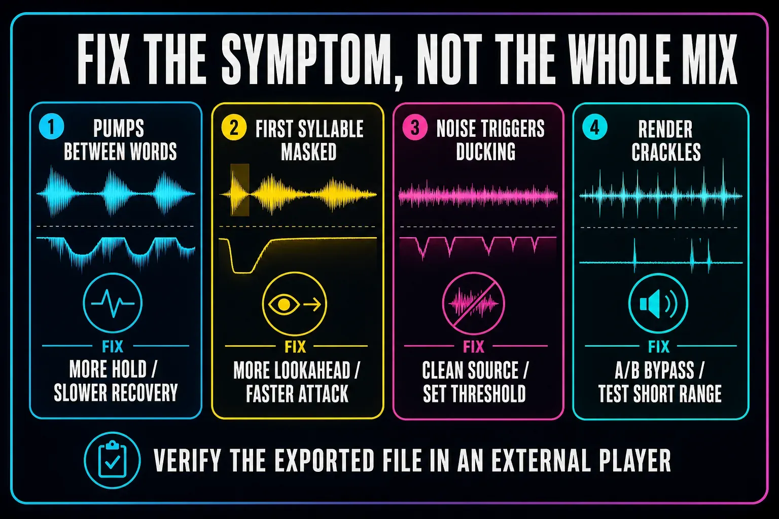 Audio ducking troubleshooting map for pumping, clipped first words, false triggers and render-only crackle