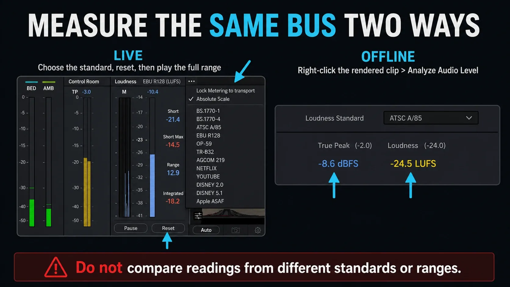 DaVinci Resolve Loudness meter standard menu and Offline Analyze Audio Level results