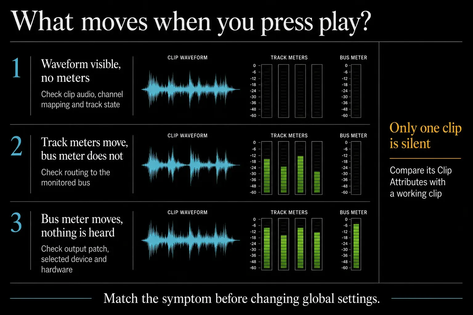 DaVinci Resolve no-audio diagnosis using waveform, track meters and bus meter activity