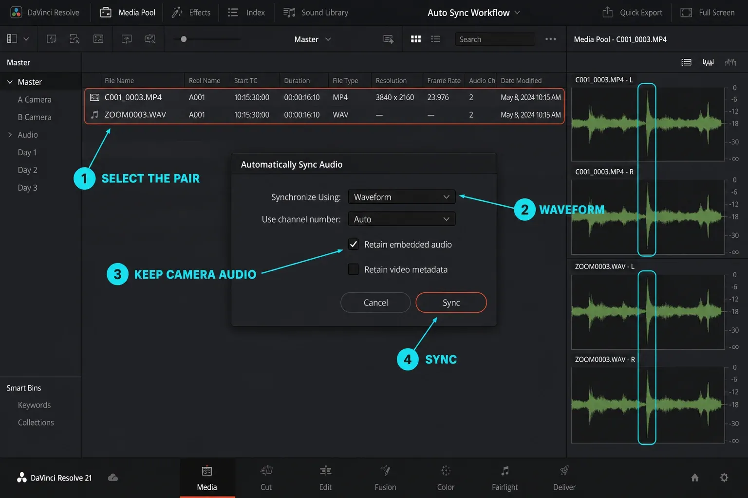DaVinci Resolve 21 Automatically Sync Audio dialog using Waveform and Retain embedded audio