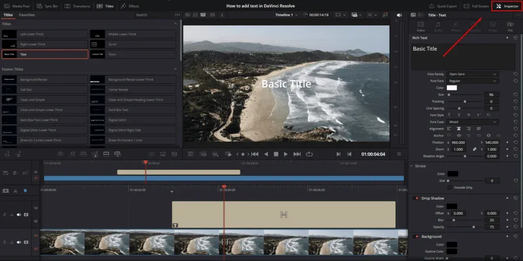DaVinci Resolve Edit page with Text selected in the Titles browser, a title clip on the timeline, and Rich Text controls in the Inspector
