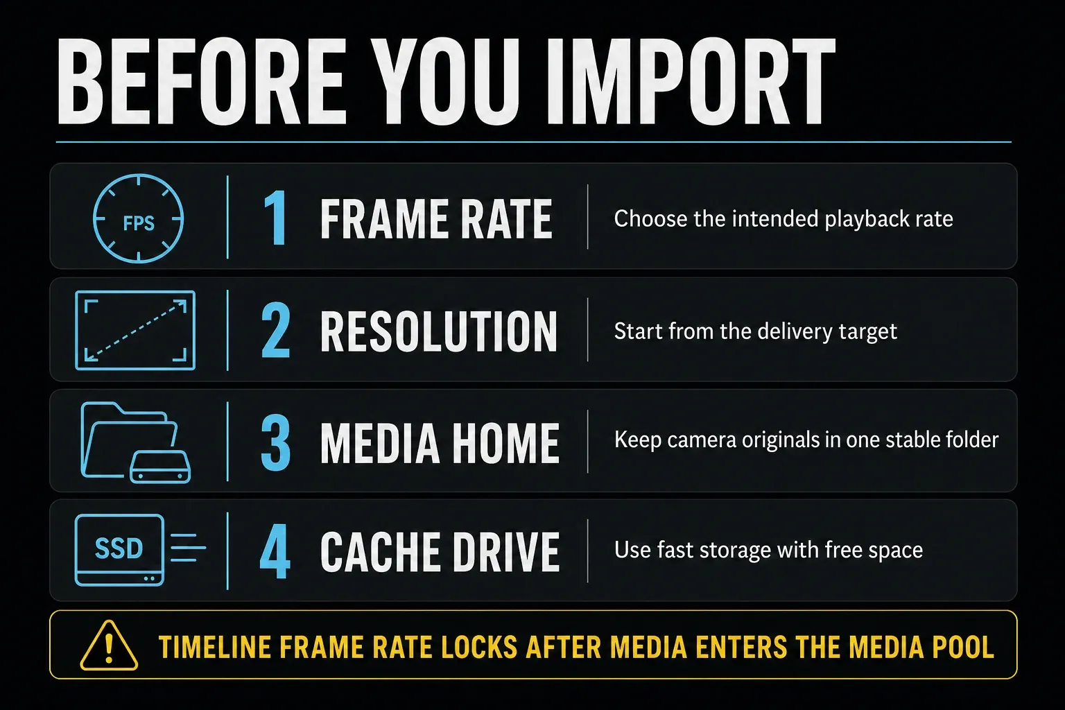 DaVinci Resolve project preflight for frame rate resolution media and cache storage