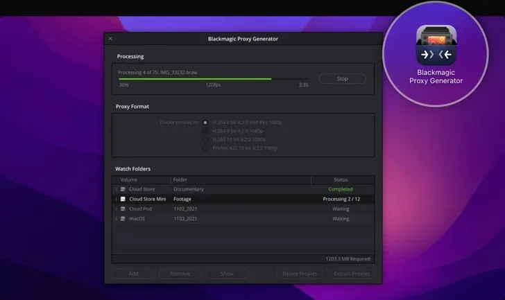 Blackmagic Proxy Generator processing watch folders and creating proxy files