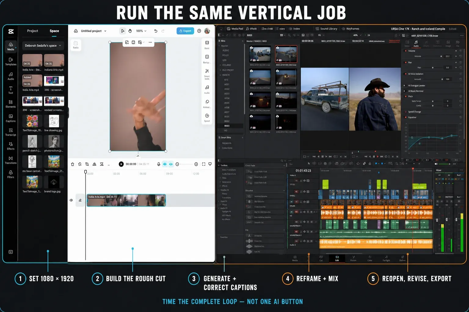 CapCut and DaVinci Resolve interfaces used for the same 45-second vertical video workflow test