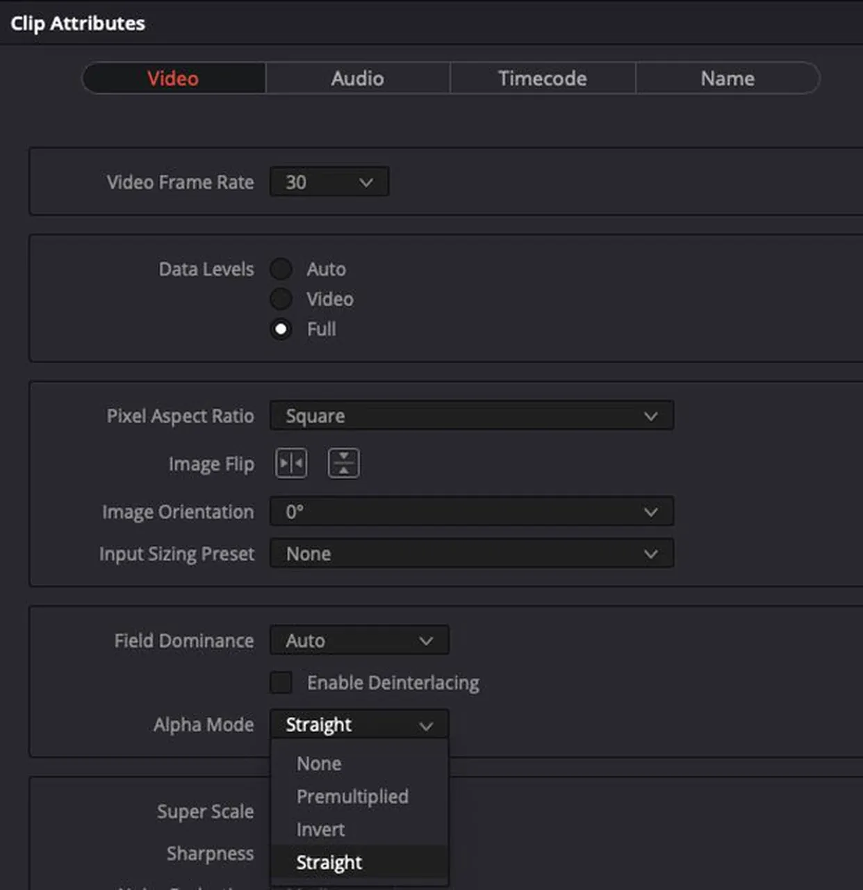 DaVinci Resolve Clip Attributes Video tab with Alpha Mode options None Premultiplied Invert and Straight