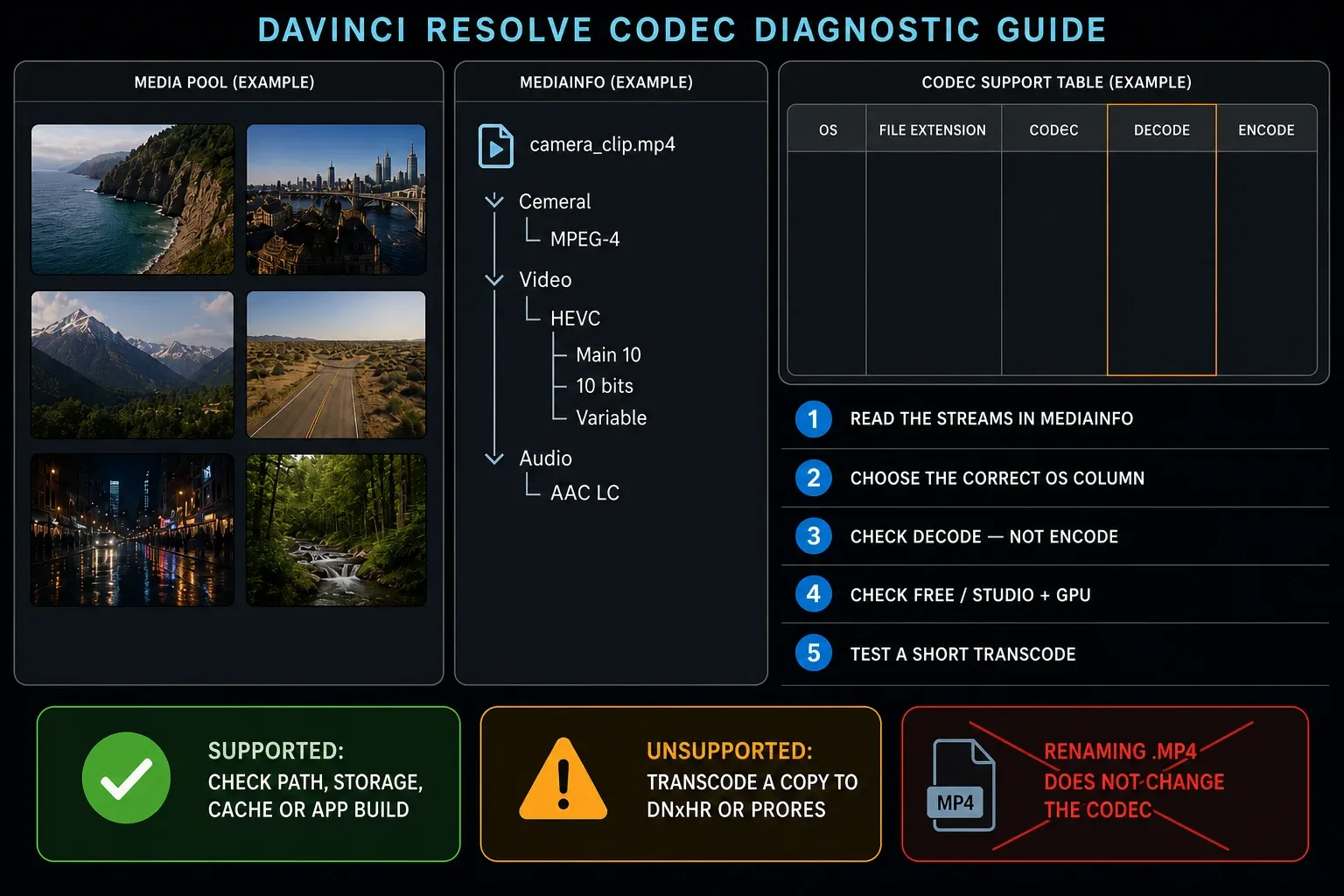 DaVinci Resolve codec diagnostic order using MediaInfo, OS table, Decode column, edition, GPU and a short transcode test
