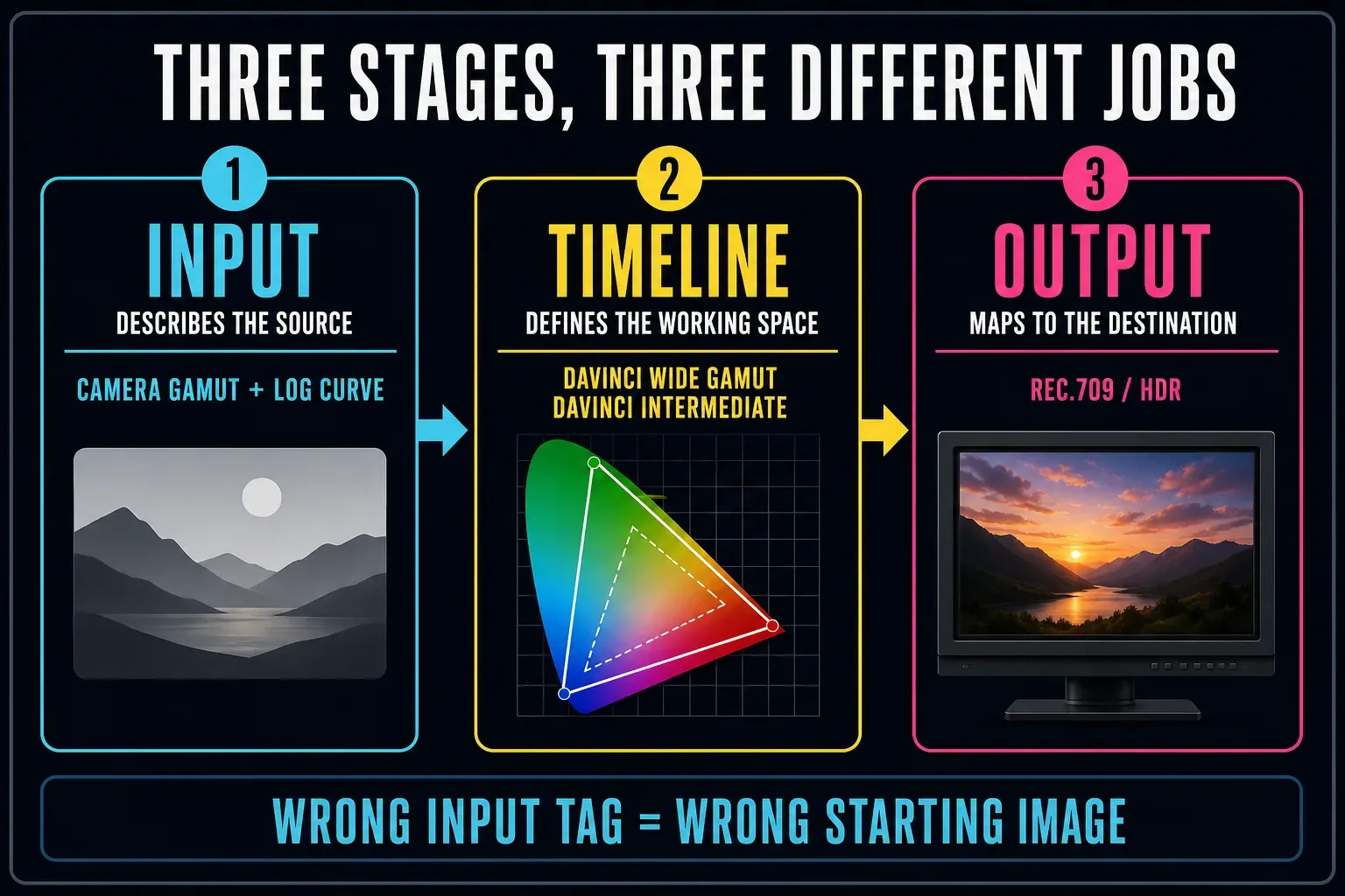 Three-stage color-management map from camera input through DWG Intermediate timeline space to delivery output