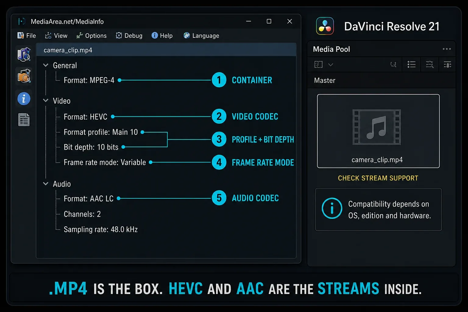 MediaInfo fields for an MP4 container with HEVC Main 10 video, variable frame rate and AAC audio beside DaVinci Resolve 21