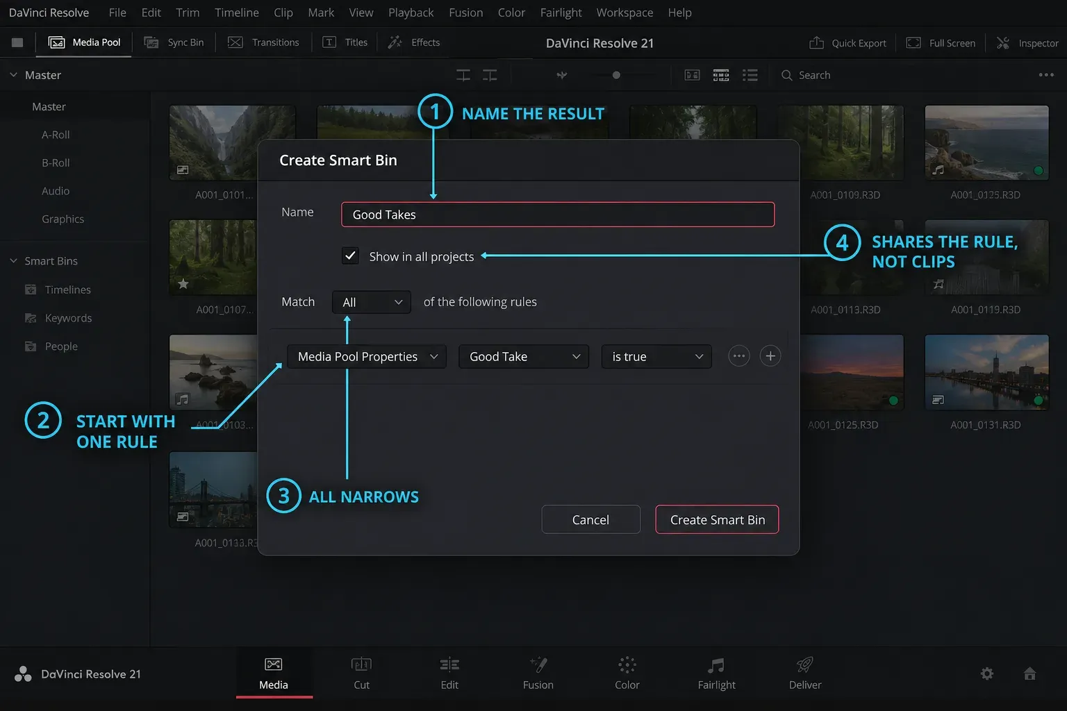 DaVinci Resolve 21 Create Smart Bin dialog with Good Take is true and Match All rules