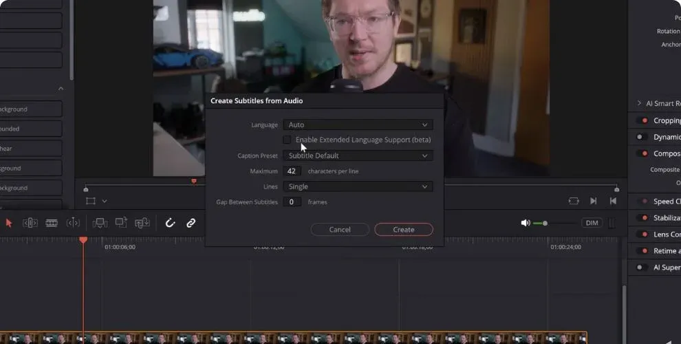DaVinci Resolve Studio 20 Create Subtitles from Audio dialog with language, preset, line length, lines and gap controls