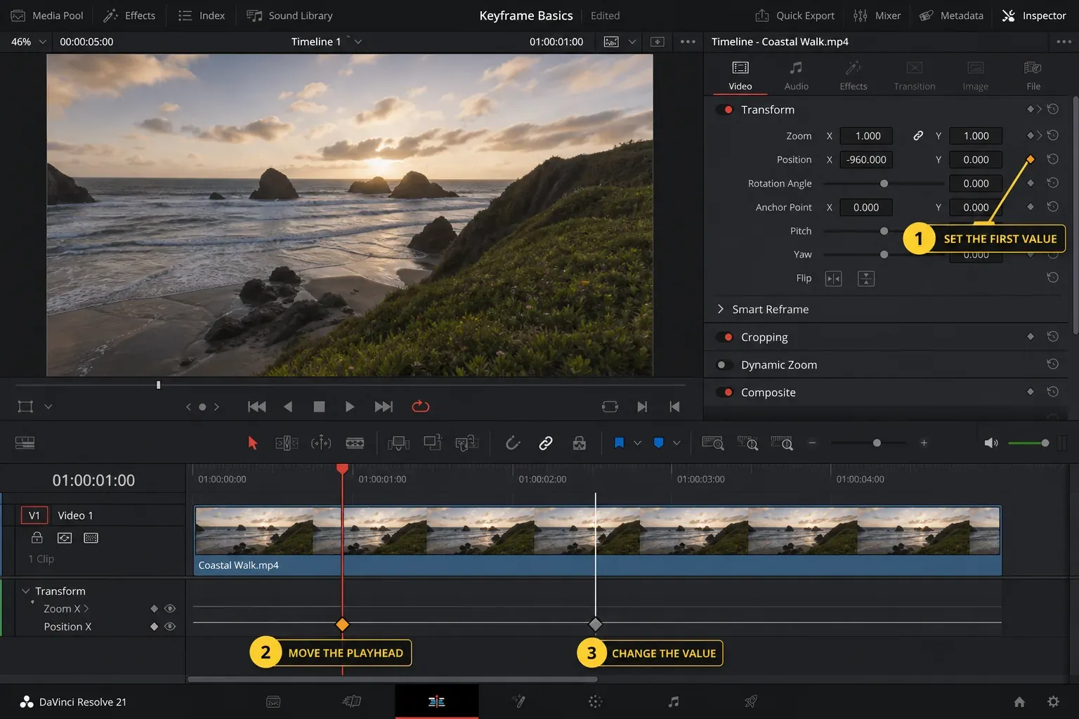 DaVinci Resolve 21 Edit page creating two Position keyframes from the Inspector and timeline lane