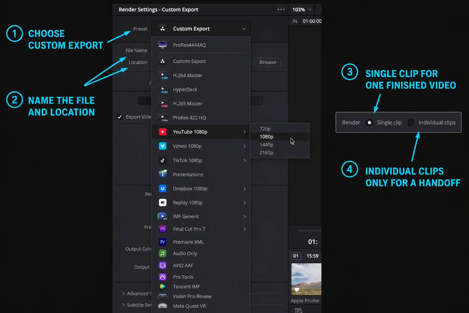 DaVinci Resolve 21 Custom Export menu and Single Clip render mode