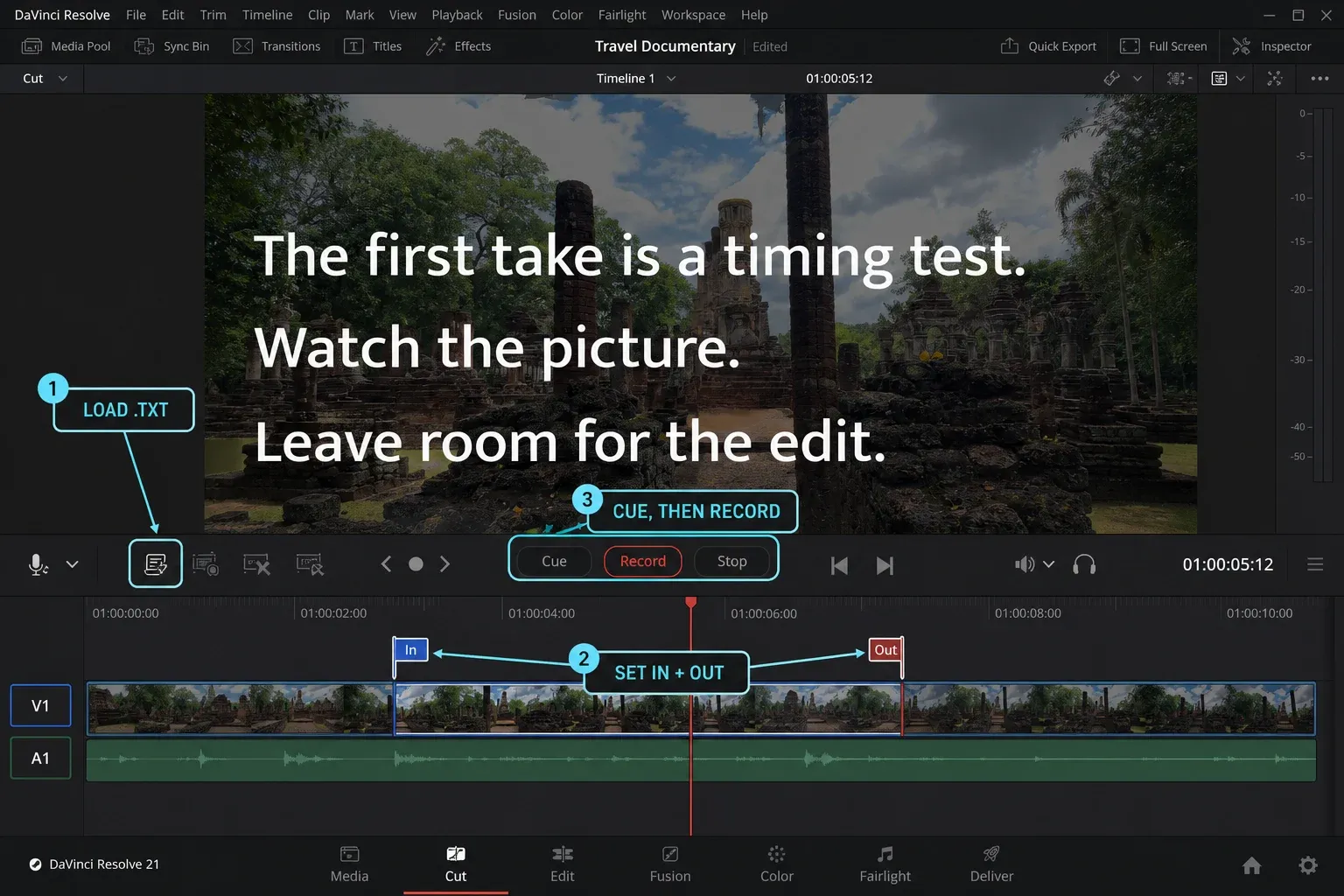 DaVinci Resolve 21 Cut Voiceover prompter with TXT script, In and Out points, Cue and Record controls