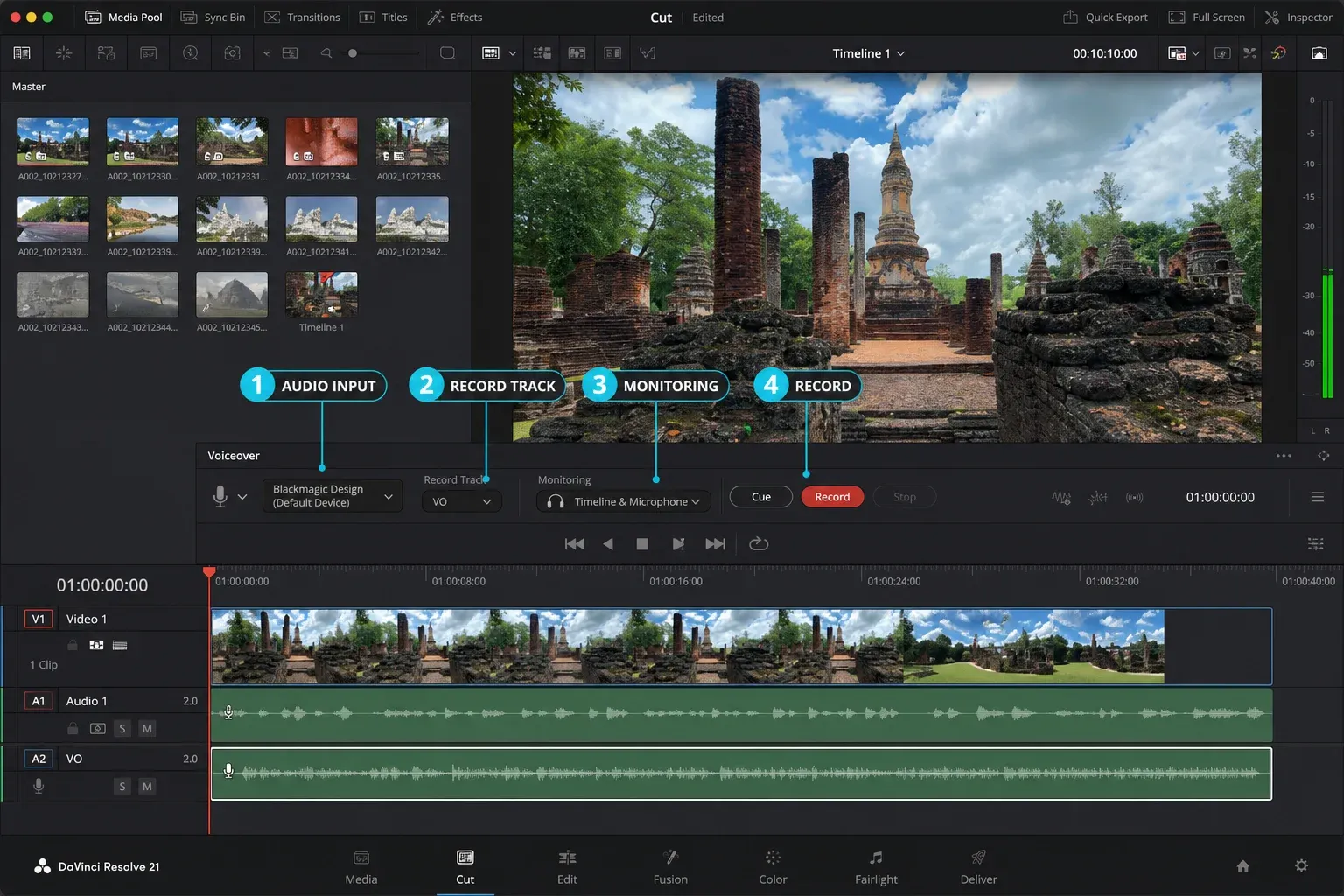 DaVinci Resolve 21 Cut page Voiceover controls for audio input, record track, monitoring and Record