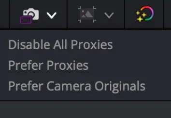DaVinci Resolve Proxy Handling menu with Disable, Prefer Proxies, and Prefer Camera Originals