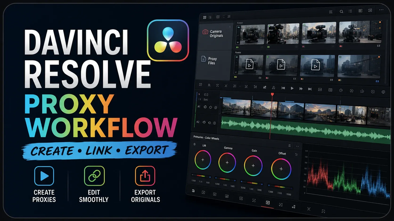 DaVinci Resolve Proxy Workflow cover with camera originals, proxy files and an editing timeline