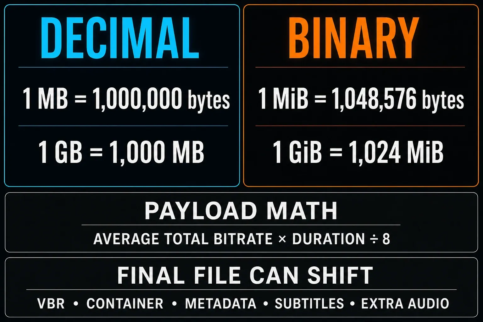 Comparison of MB, GB, MiB and GiB with variable bitrate uncertainty