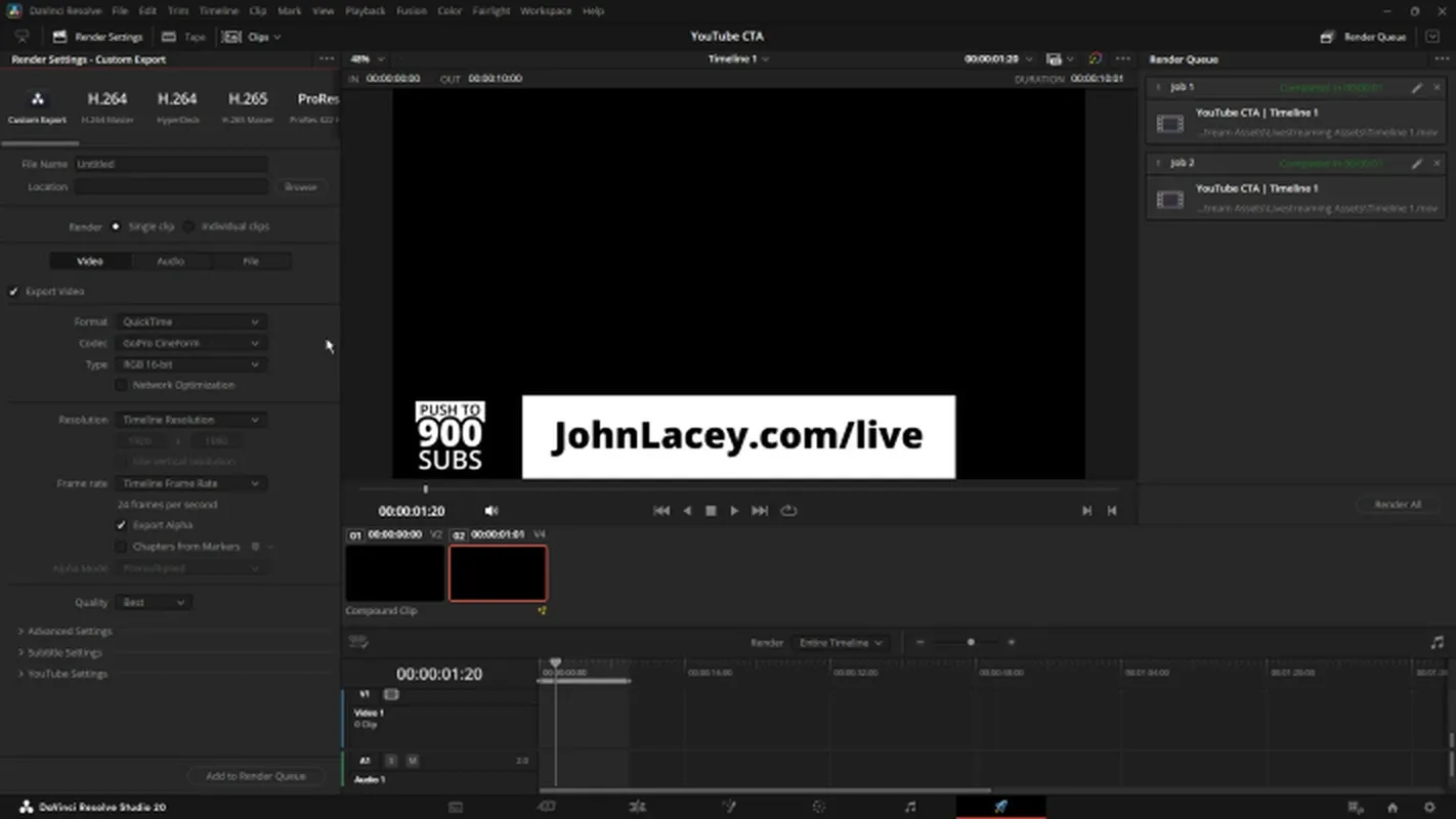 DaVinci Resolve 20 Deliver page with QuickTime GoPro CineForm RGB 16-bit and Export Alpha enabled