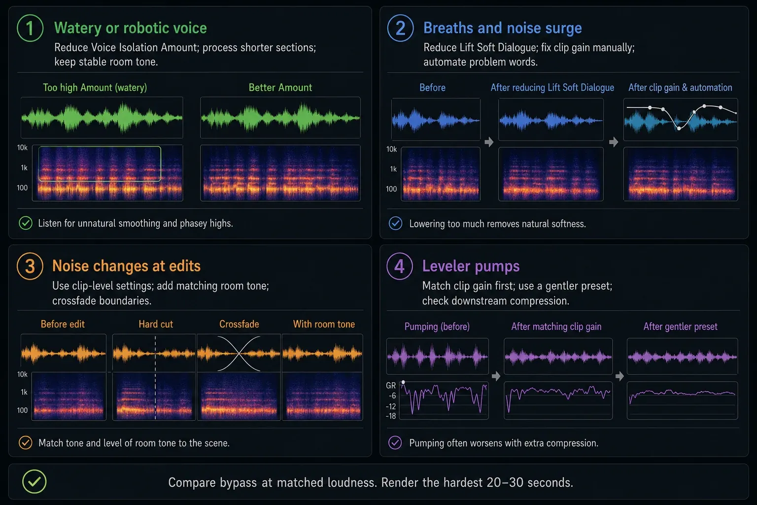 Troubleshooting watery voice, noise surges, edit-boundary changes, and Dialogue Leveler pumping